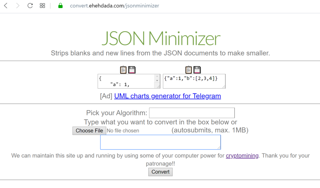 JSON minimizer and upload file button
