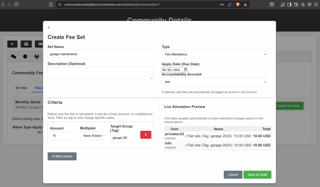 Create Fee Set